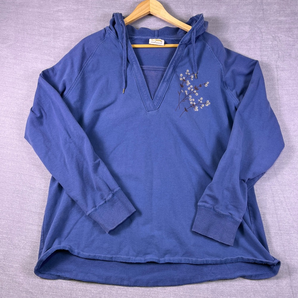 Artisans Floral Embroidered V-Neck Pullover Hoodie Womens XXL Blue Cotton Blend